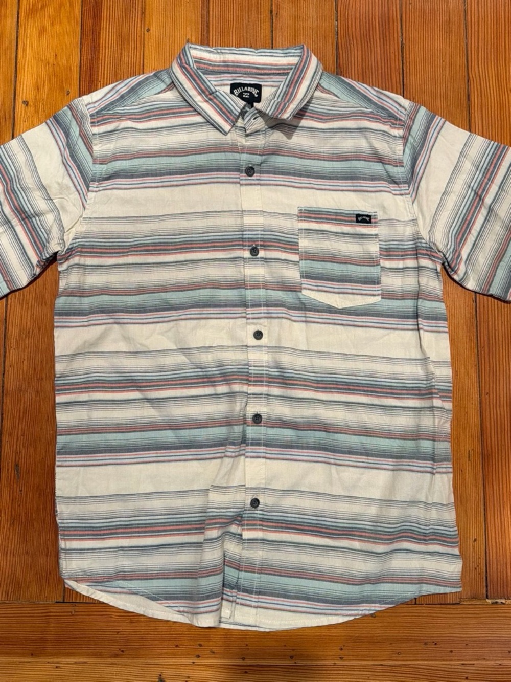 Billabong Boy’s Short-Sleeve Striped Button-Up Shirt - Cream, Blue, Red